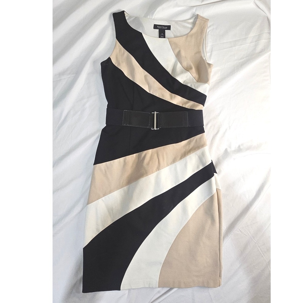 White House Black Market Sheath Dress Size 0 Black Tan White Colorblock Belted
